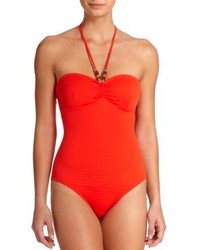 Shoshanna One Piece Textured Cinched Halter Swimsuit