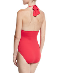 Tommy Bahama Pearl Solid Pleated Halter One Piece Swimsuit Red