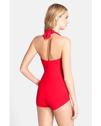 Betsey Johnson Ruby Tuesday Shirred Halter One Piece Swimsuit