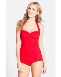 Betsey Johnson Ruby Tuesday Shirred Halter One Piece Swimsuit
