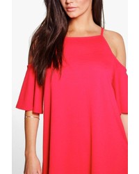 Boohoo Lucia Strappy Textured Cold Shoulder Swing Dress