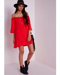Missguided Bardot Bell Sleeve Swing Dress Red