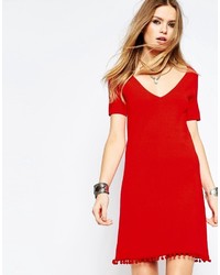 Asos Swing Dress In Knit With Pom Pom Detail With T Shirt Sleeve
