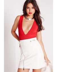 Missguided Plunge Ribbed Bodysuit Red