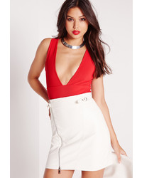 Missguided Plunge Ribbed Bodysuit Red