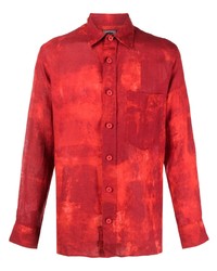 Red Tie-Dye Linen Long Sleeve Shirt