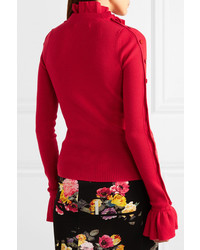 Preen by Thornton Bregazzi Amanda Button Embellished Ruffled Ribbed Wool Sweater