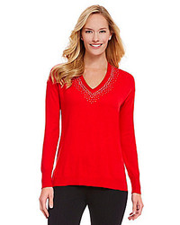 Chaus Beaded V Neck Sweater