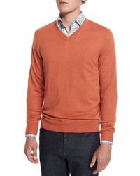 Neiman Marcus Cashmere Silk V Neck Sweater Pumpkin