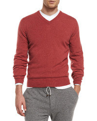 Brunello Cucinelli Cashmere V Neck Pullover Sweater Red