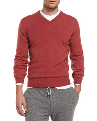 Brunello Cucinelli Cashmere V Neck Pullover Sweater Red