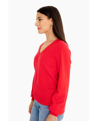 White + Warren Red Heather Blouson Sleeve V Neck Sweater