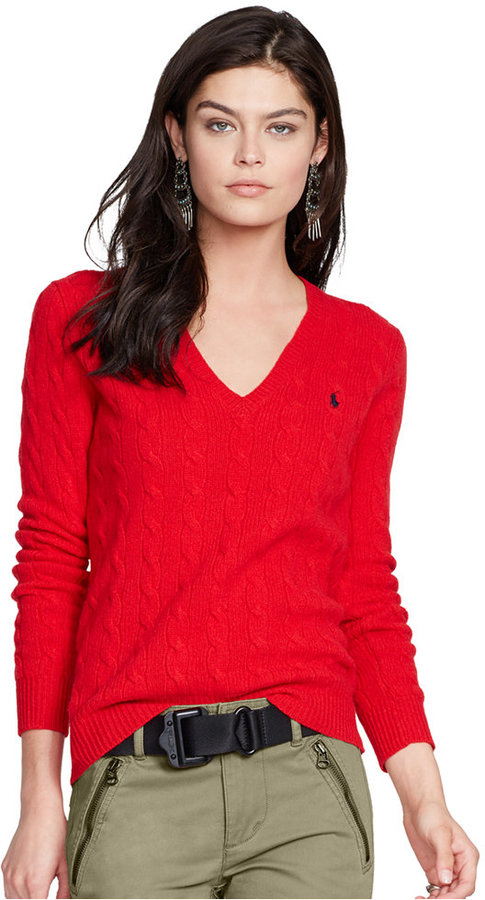Polo Ralph Lauren V Neck Cable Knit Wool Cashmere Sweater, $98 | Macy's |  Lookastic