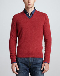 Neiman Marcus V Neck Cashmere Pullover Sweater Red