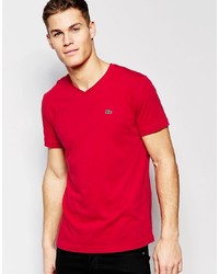 Lacoste T Shirt With Croc Logo In V Neck Red Regular Fit