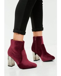 Missguided Burgundy Metal Heel Velvet Ankle Boots
