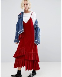 Style Nanda Stylenanda Velvet Cami Midi Dress With Frills