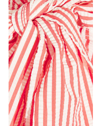 MSGM Bow Embellished One Shoulder Striped Seersucker Dress Red