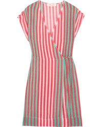 Diane von Furstenberg Striped Linen Blend Wrap Dress Coral