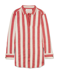 Red Vertical Striped Linen Dress Shirt