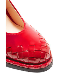 Bottega Veneta Intrecciato Patent Leather Wedge Pumps Red