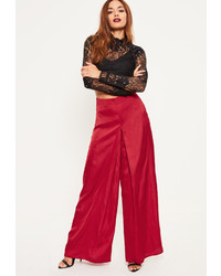 Missguided Red Satin Pleat Front Wide Leg Trousers