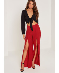Missguided Satin Split Front Wide Leg Trousers Red