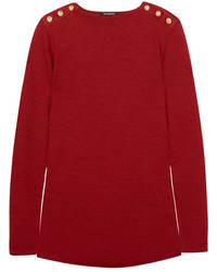 Balmain Button Detailed Wool And Silk Blend Sweater Crimson