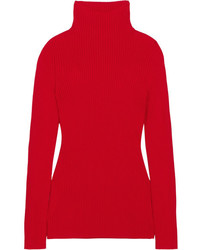 Victoria Beckham Ribbed Wool Turtleneck Sweater Red