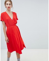 Warehouse Wrap Midi Dress With Flute Sleeves In Red