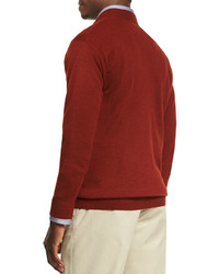Peter Millar Leather Placket Quarter Zip Pullover Sweater Rust