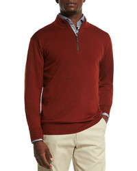 Peter Millar Leather Placket Quarter Zip Pullover Sweater Rust