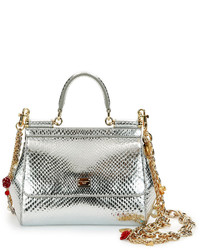 Dolce & Gabbana Miss Sicily Small Metallic Python Satchel Bag Silvertone