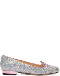 Charlotte Olympia Silver Glitter Metallic Kitty Flats