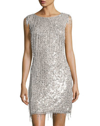 Aidan Mattox Bateau Neckline Beaded Cocktail Dress Silver