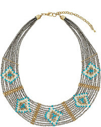 Topshop Freedom At 100% Metal Grey Seed Bead Collar With Turquoise Cream And Gold Beads Arranged In Diamond Shapes Length 75 Inches With 3 Inch Extension Chain