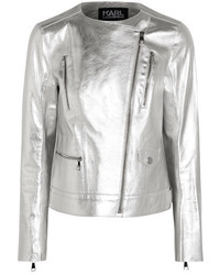 Karl Lagerfeld Metallic Textured Leather Biker Jacket Silver