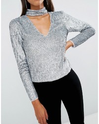 Asos Night Top With High Neck In Sequin Embellisht