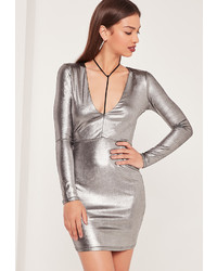 Missguided Harness Detail Metallic Bodycon Dress Silver