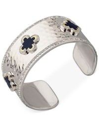 Macy's Marie Claire Silver Tone Crystal And Enamel Hammered Clover Cuff Bracelet