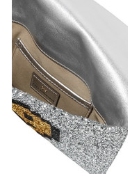 Anya Hindmarch Valorie Glittered Canvas Clutch Silver