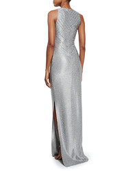 St. John Collection Asha Chevron Sequined Sleeveless Gown Gray Metallic