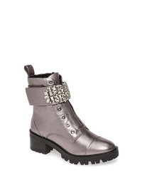 Silver Chunky Leather Lace-up Flat Boots