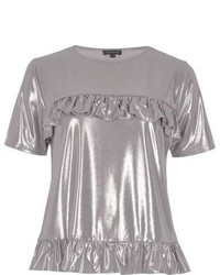 River Island Silver Metallic Frill Front T Shirt