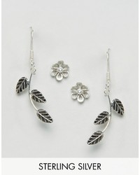 Asos Sterling Silver Pack Of 2 Leaf Vine Earrings