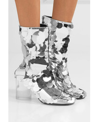 Maison Margiela Paillette Embellished Textured Leather Ankle Boots Silver