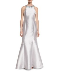 Mignon Embellished Neck Gown With Crisscross Back Silver