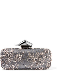 Silver Embellished Lace Clutch