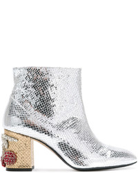 Silver Embellished Leather Ankle Boots