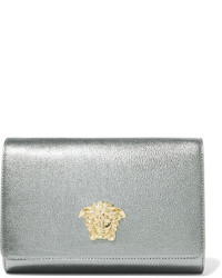Versace Palazzo Embellished Metallic Leather Shoulder Bag Silver